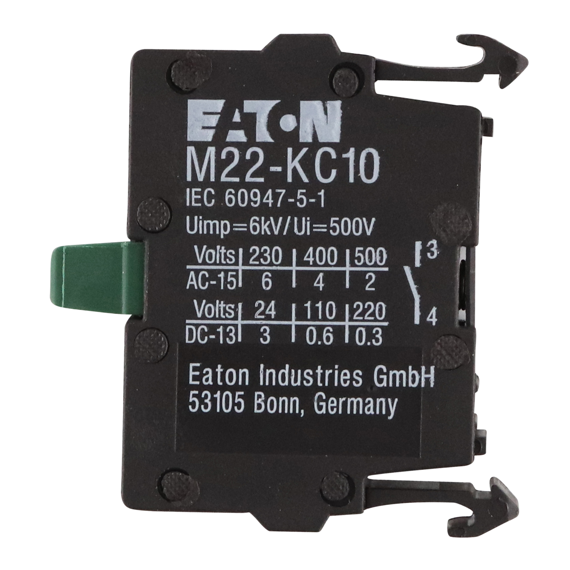 Eaton EATON M22-KC10 PUSH-BUTTON TERMINAL BLOCK, 1NO CONTACT, 22MM, BLACK
