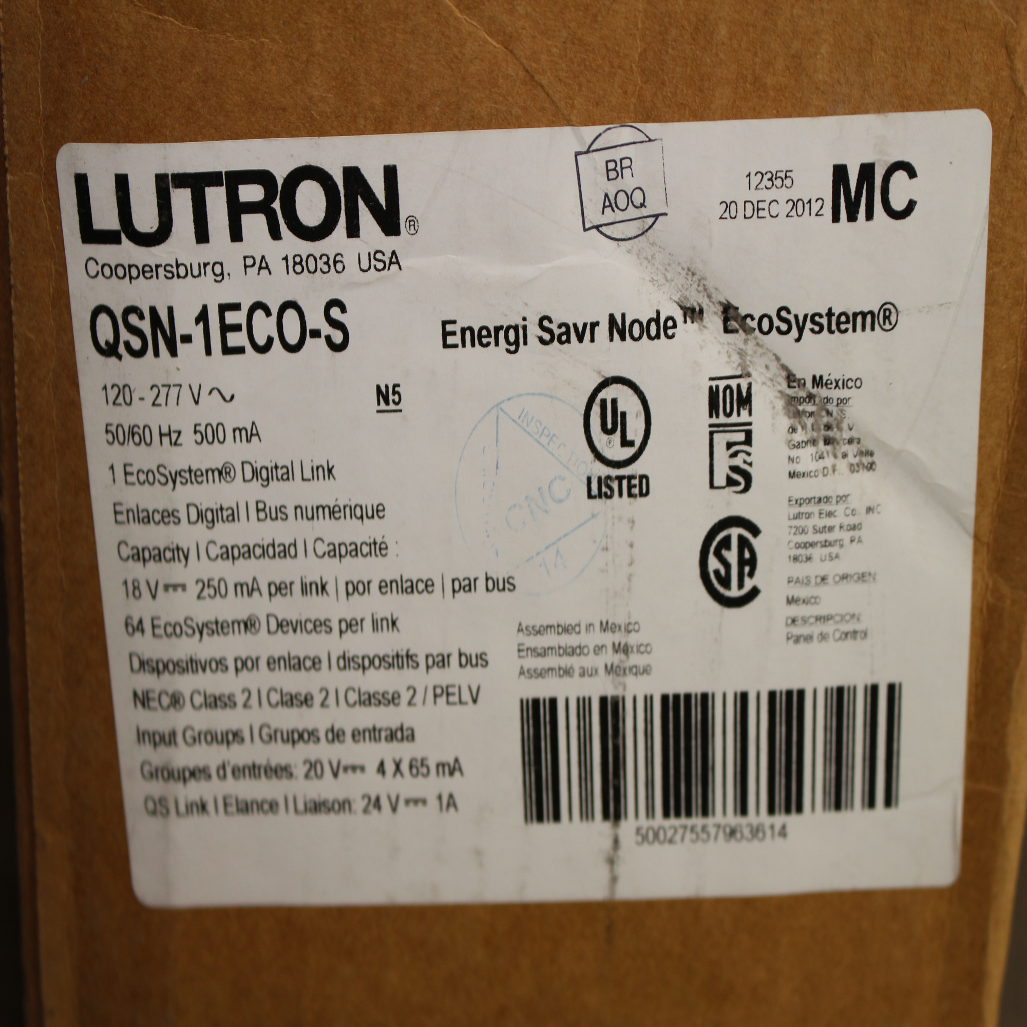 LUTRON QSN1ECOS ECOSYSTEM, DIGITAL LINK ENERGI SAVR NODE, 500 MA